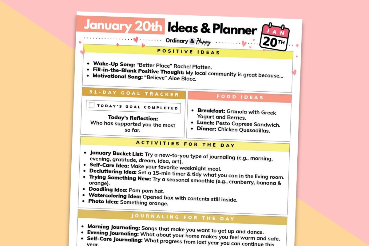 january 20th daily planner titled to the right laid out on a pink and ivory block color background