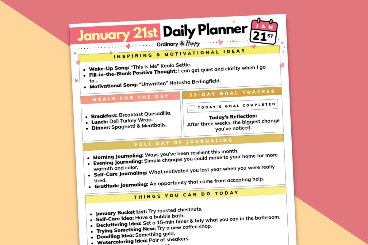 january 21st daily planner printable displayed on a red and orange 2-color background