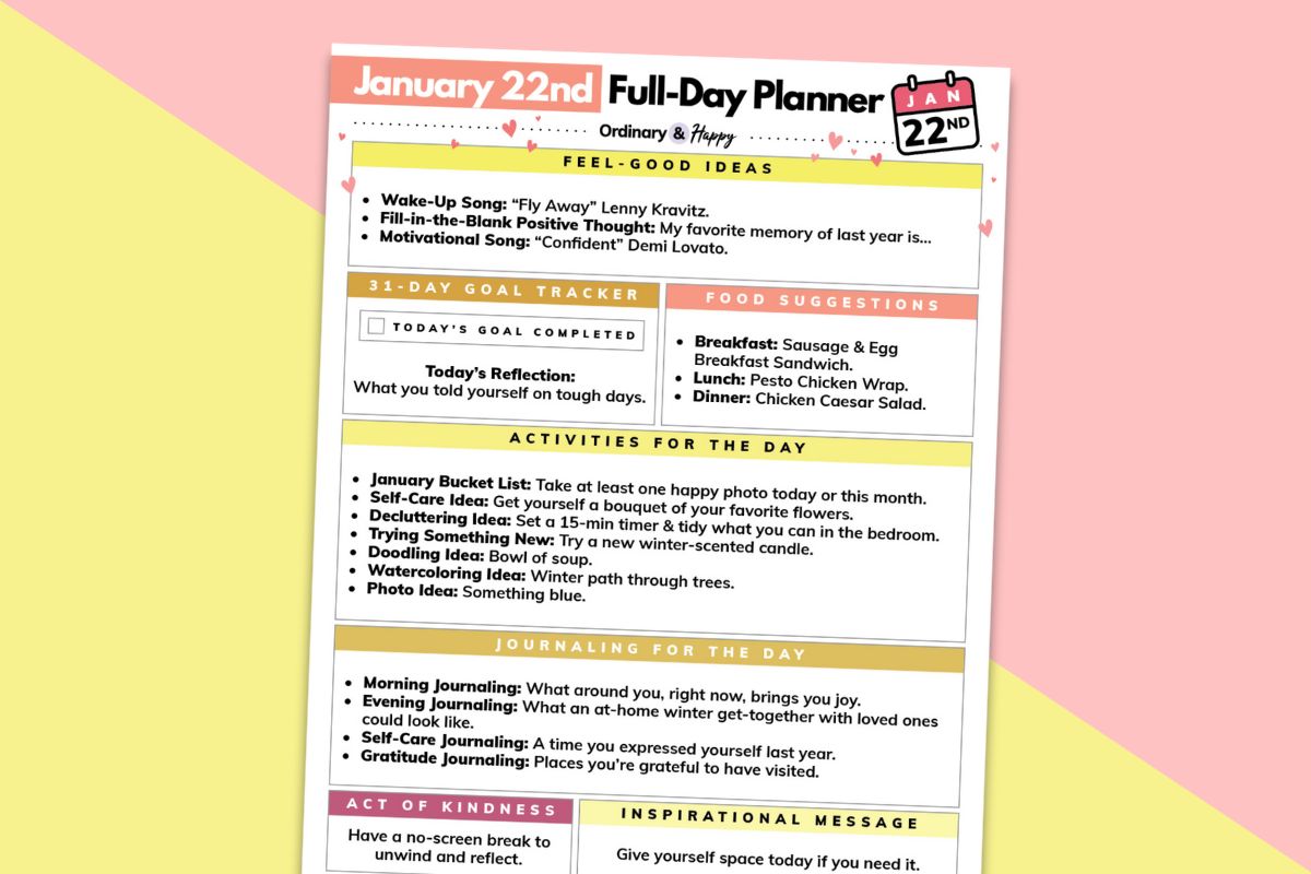 january 22nd daily planner printable displayed tilted to the right on a pink and yellow background