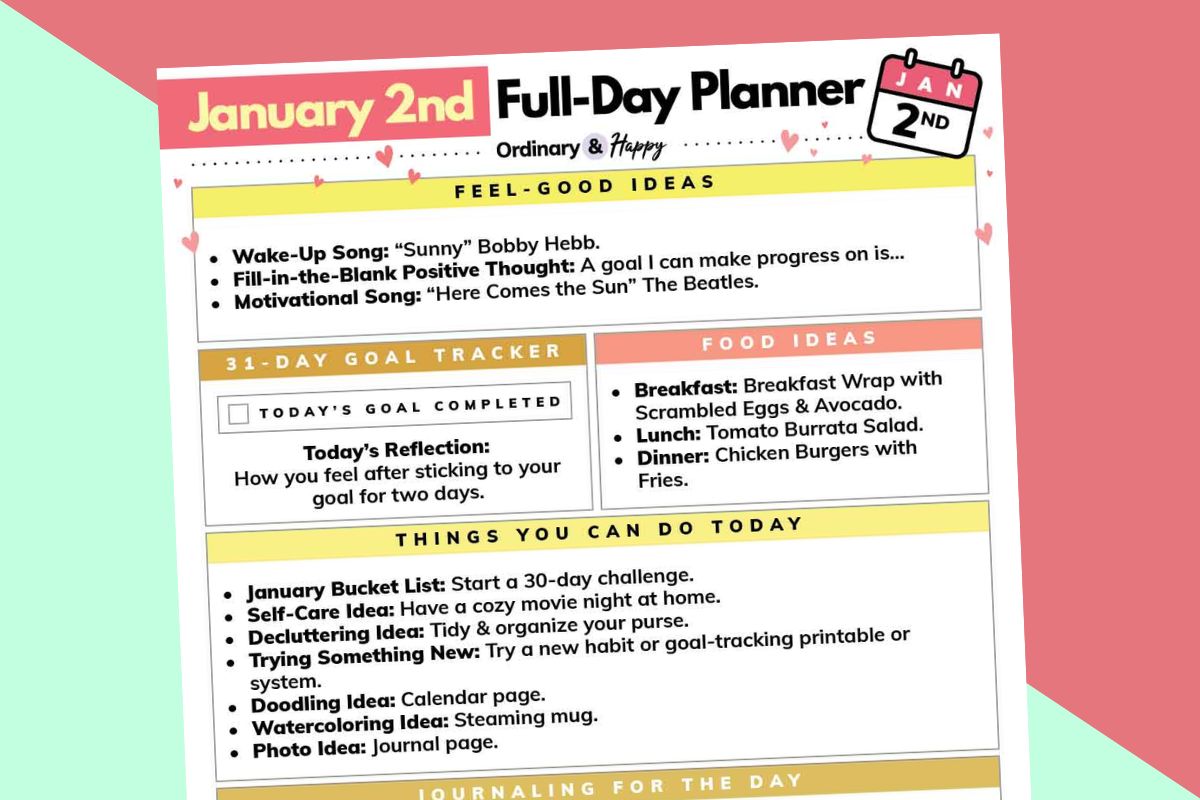 january 2nd full-day planner printable displayed over an icy teal and red block color background