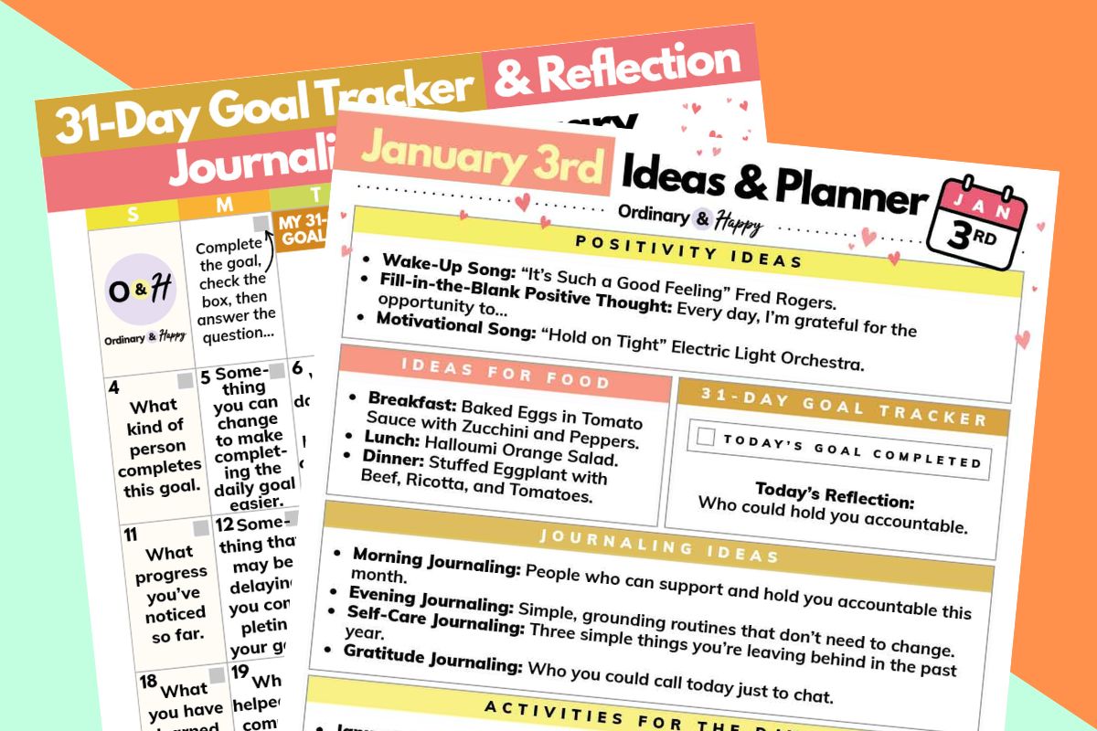 january 3rd planner and 31-day january goal tracker printable displayed overlapping on an orange and light yellow background