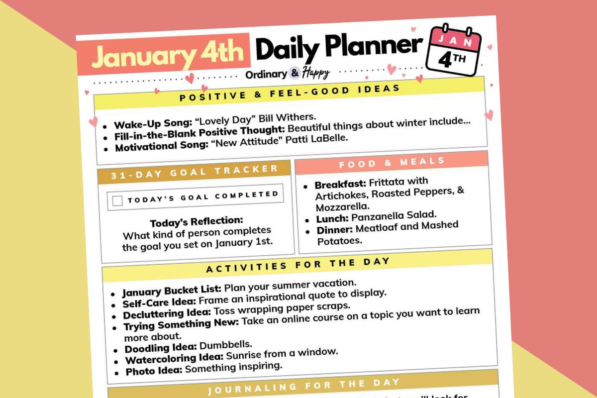 january 4th daily planner printable displayed titled to the left on a red and orange backdrop