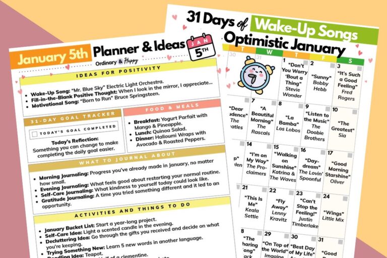 january 5th planner planner printable and motivational songs printable, one overlapping the other, displayed on a diagonal red and orange backdrop