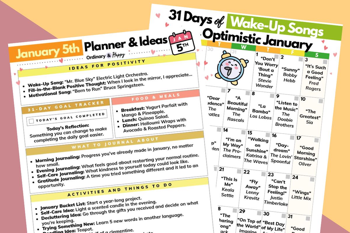 january 5th planner planner printable and motivational songs printable, one overlapping the other, displayed on a diagonal red and orange backdrop