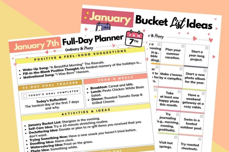 january full-day planner and january bucket list printables displayed overlapping on a 2-color orange and red background