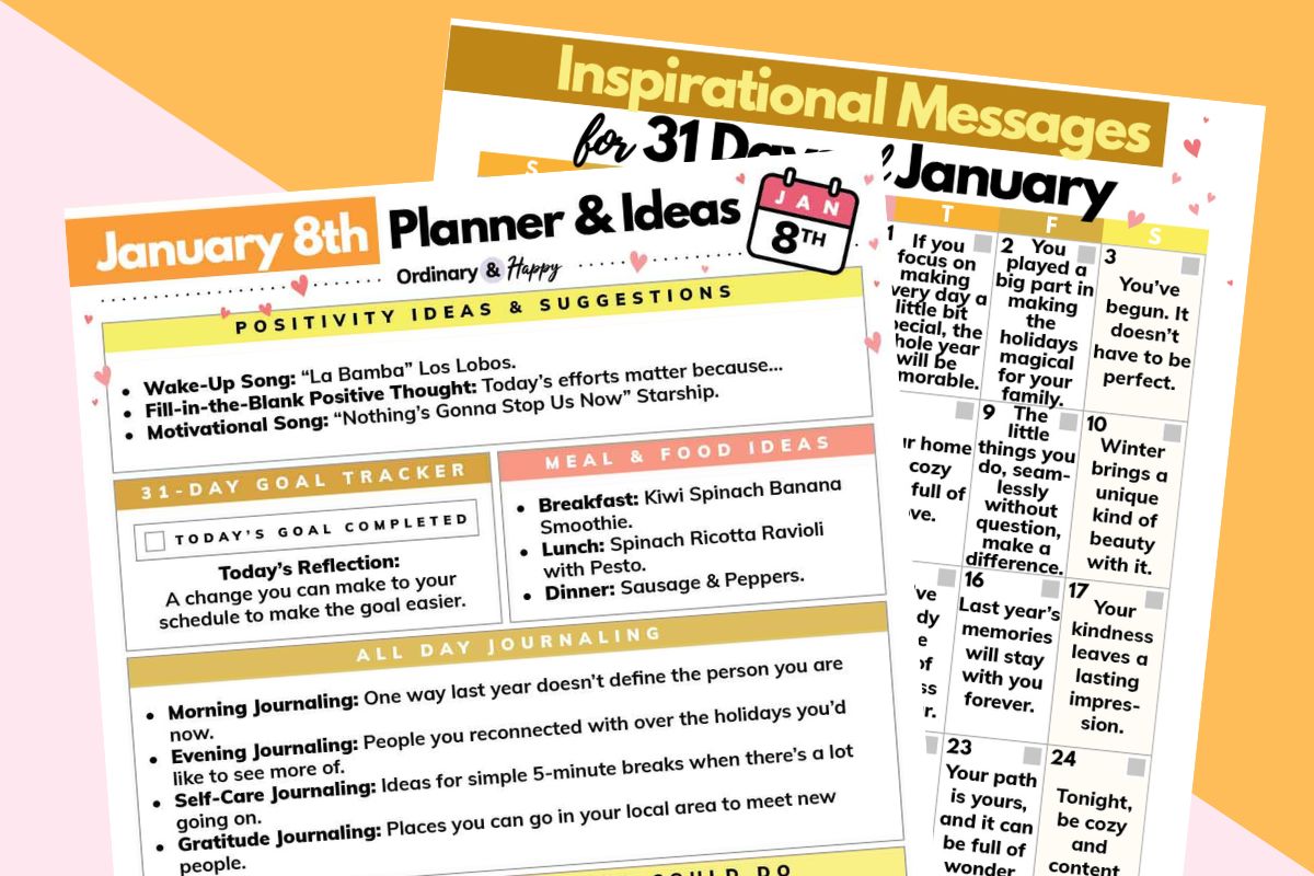 january 8th daily planner and calendar of inspiring messages on a peach and light crimson background