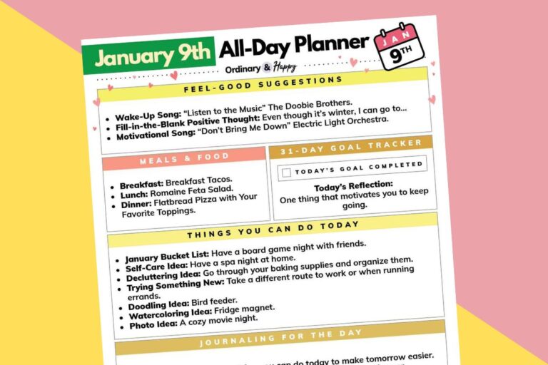 january 9th daily planner printable with listed ideas for the day displayed on a 2-color yellow and red background