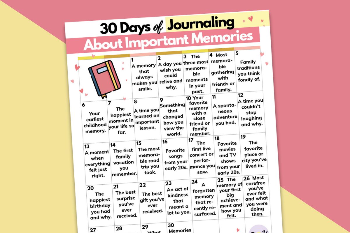 30-day memories-themed journaling calendar laid out on a red and yellow 2-color background