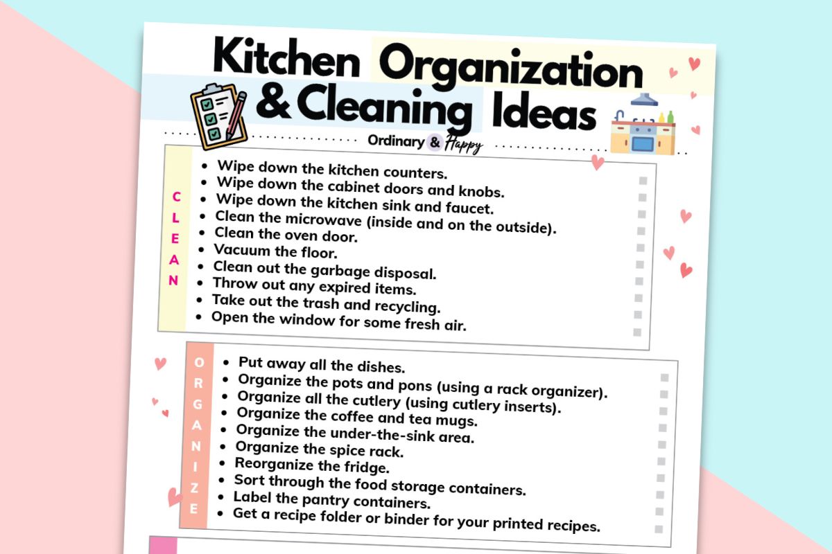 kitchen cleaning and organization checklist printable on a lilac and rose 2-color background