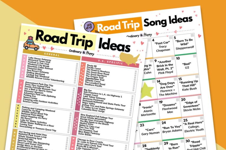 road trip ideas printable and road trip playlist printable displayed on an orange and yellow 2-color background