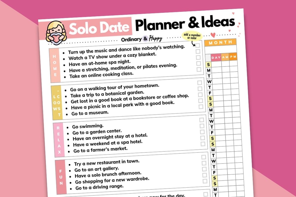 solo date planner printable displayed titled to the left on a pink and red background