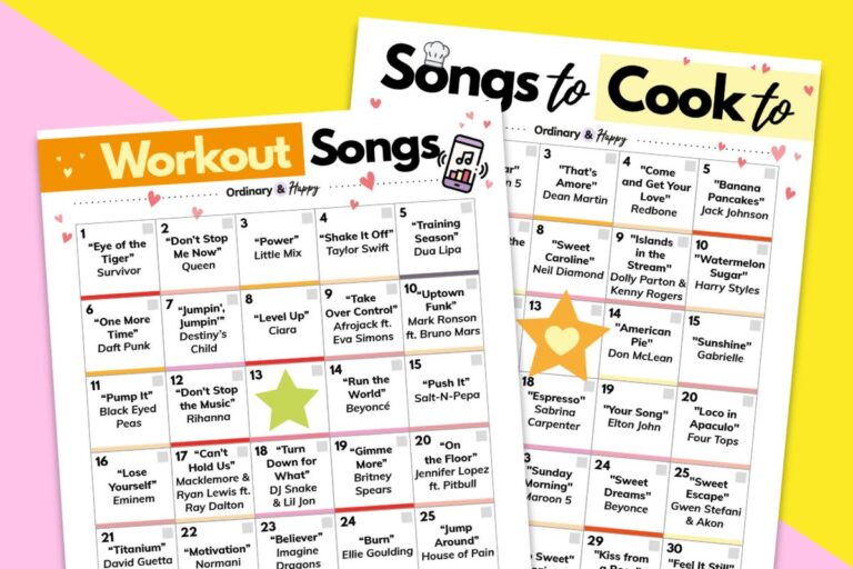 workout songs playlist printable and cooking songs playlist printable displayed overlapping on a pink and yellow background