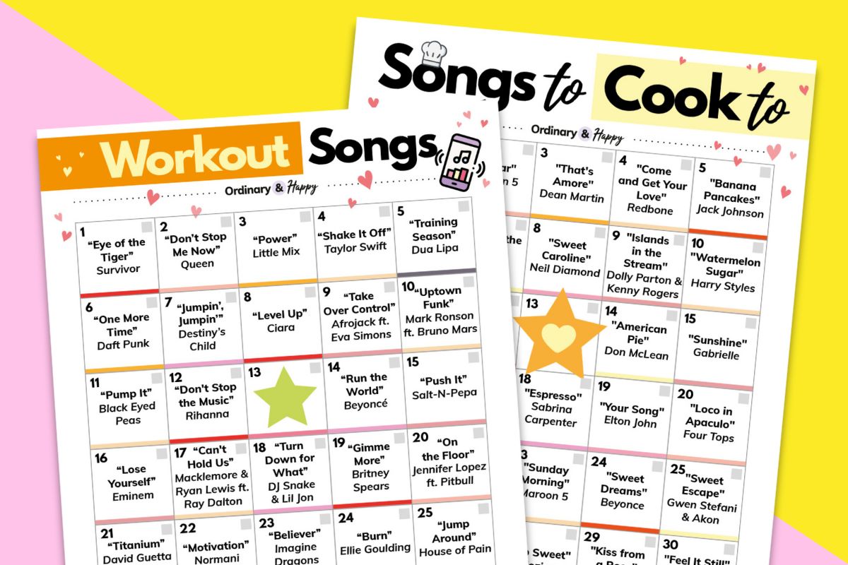 workout songs playlist printable and cooking songs playlist printable displayed overlapping on a pink and yellow background