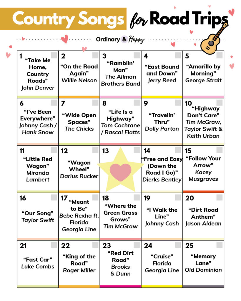 selection of country road trip songs displayed in a 5x6 grid format