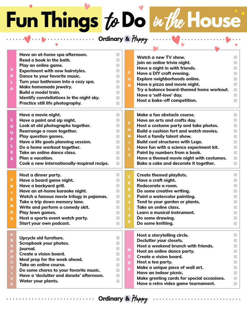 selection of things to do at home listed in 8 color-coded sections with 10 listed ideas in each sections