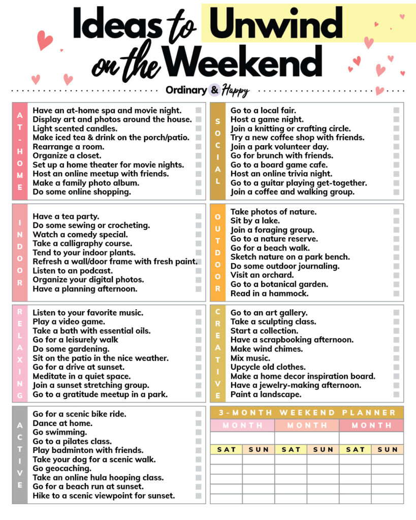 ideas to unwind on the weekend planner containing listed ideas in 7 sections of 10 and a blank weekend 3-month planner in the corner