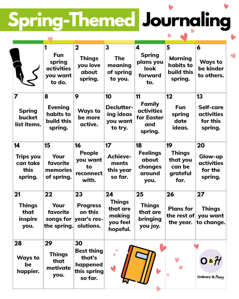 selection of 30 spring journaling prompts listed in a numbered 7x5 calendar grid