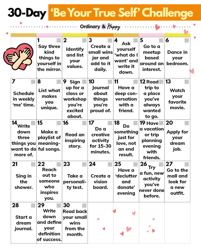 30-day calendar ideas to be your true self consisting of 30 ideas listed in a 7x5 calendar grid format