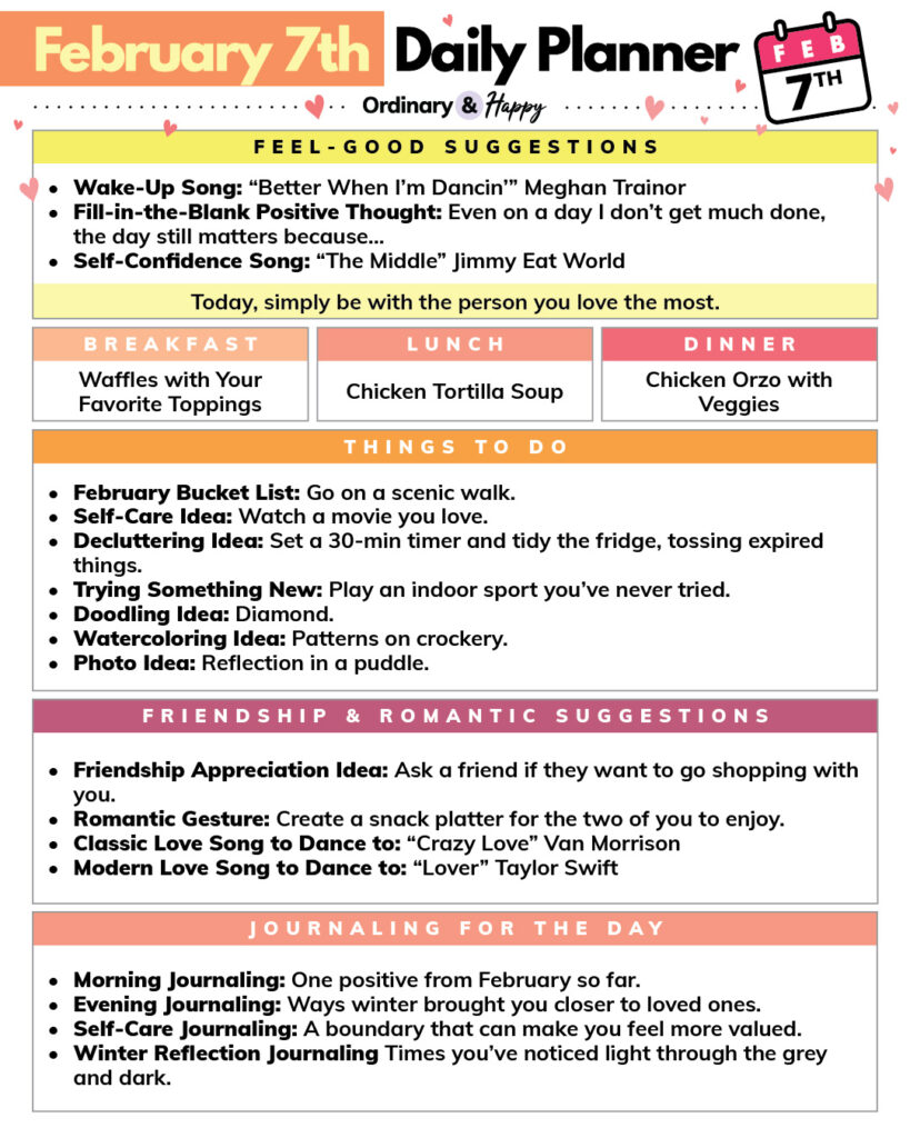 february 7th daily planner with listed ideas for 7 different areas of life in color=-coded boxes