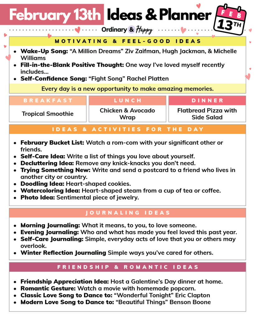 February 13th ideas in a planner format.