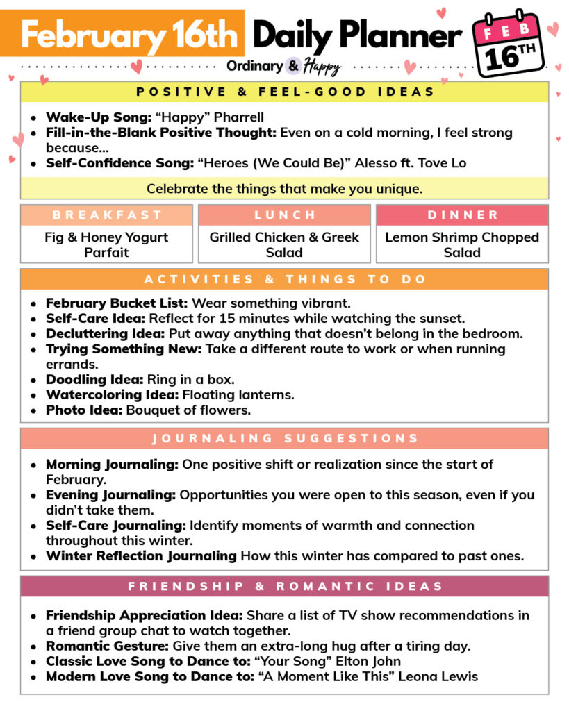 Ideas for February 16th in a planner format with color-coded sections and lists of ideas