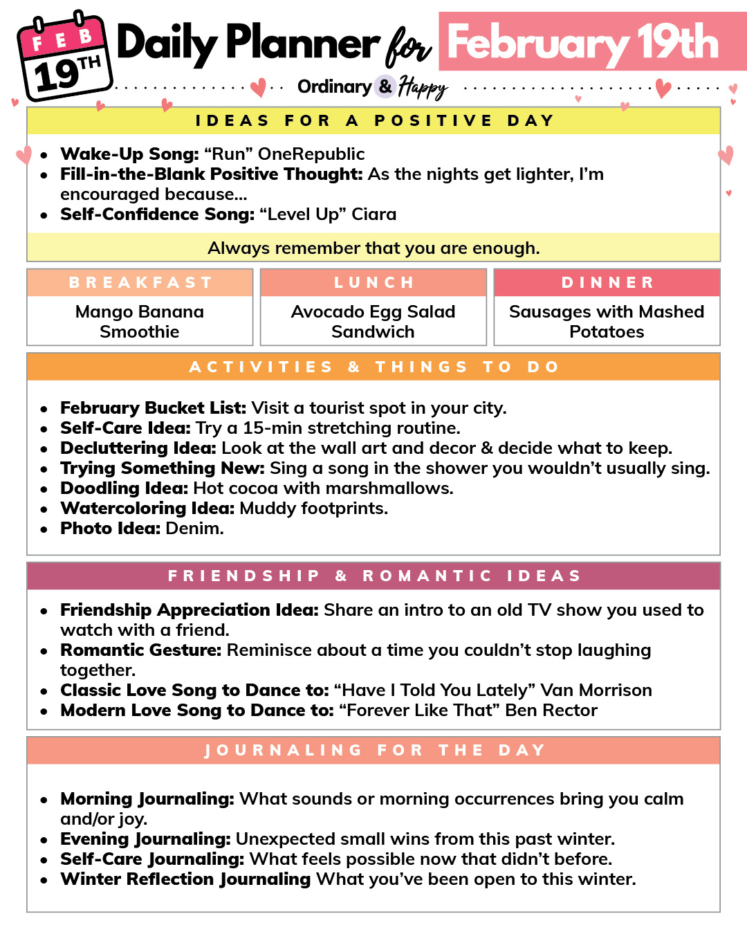february 19th daily planner displaying listed ideas in black text in 5 color-coded sections for different areas of everyday life
