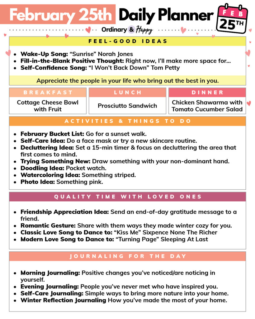 February 25th ideas displayed in rectangular sections for different areas of daily life