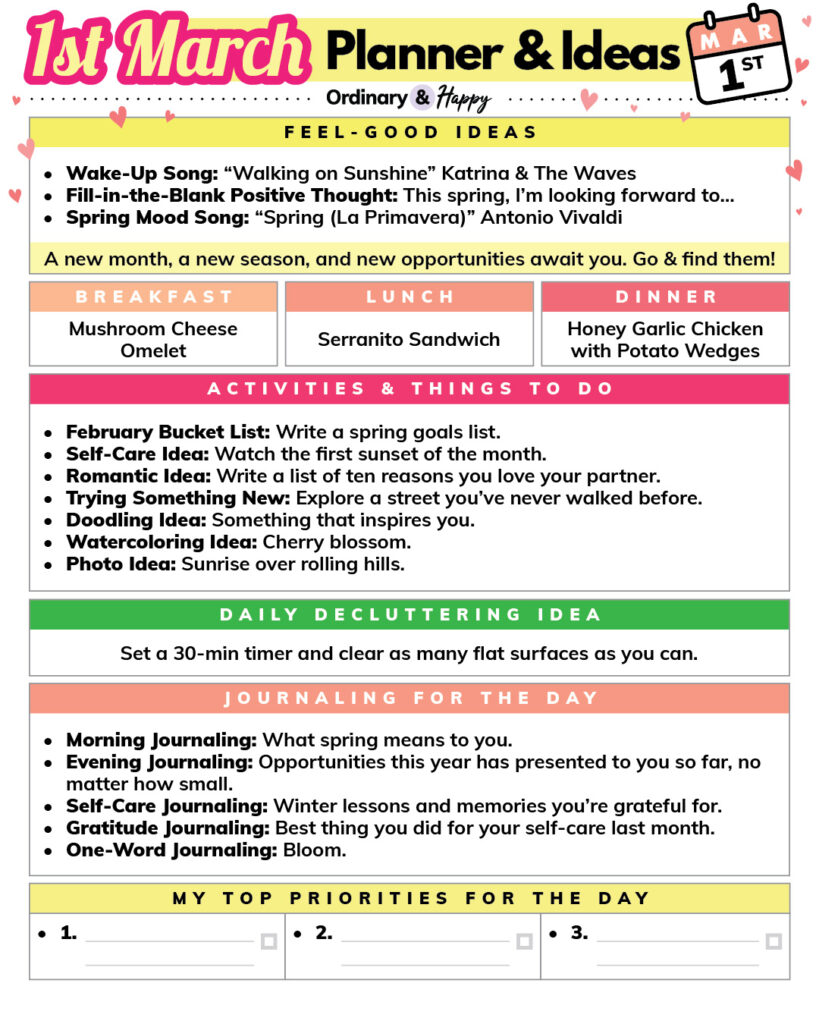 march 1st daily planner with listed ideas in color-coded sections for different areas of everyday life