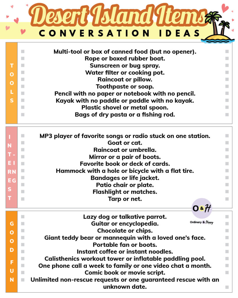 Desert island items - conversation ideas.