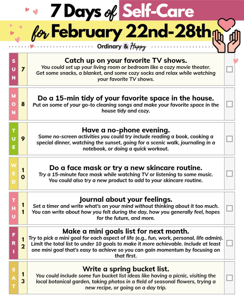 7 days of self-care ideas for feb 22nd-28th.