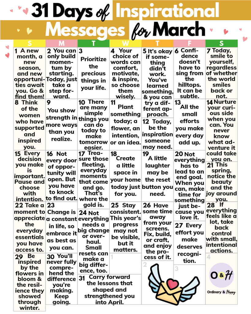 selection of 31 daily inspirational messages in a calendar for march