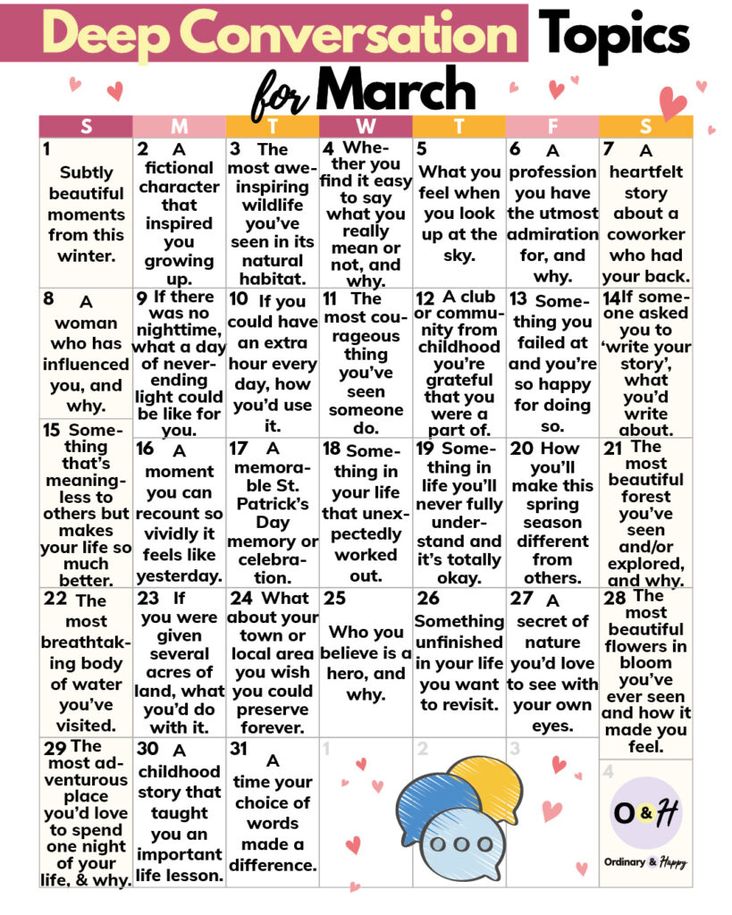 selection of deep conversation ideas for march displayed in a 31-day 7x5 grid format