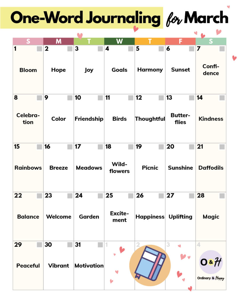One-word journaling for March in a calendar format