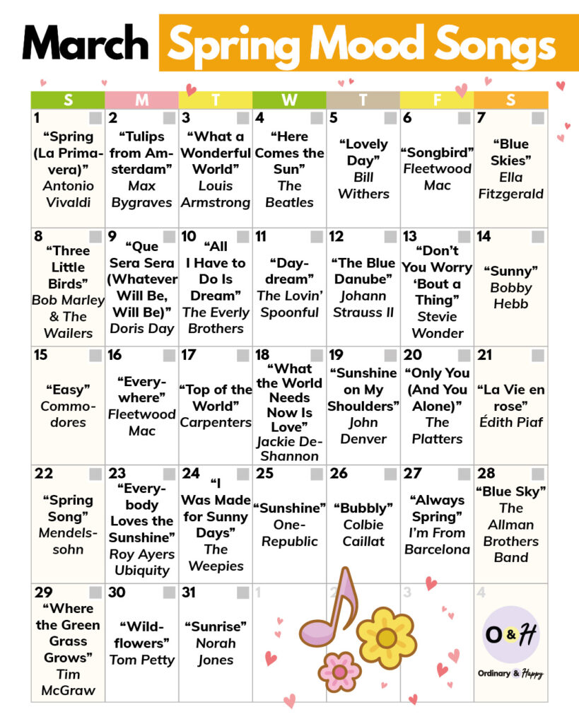 march spring mood songs in a 31-day calendar printable