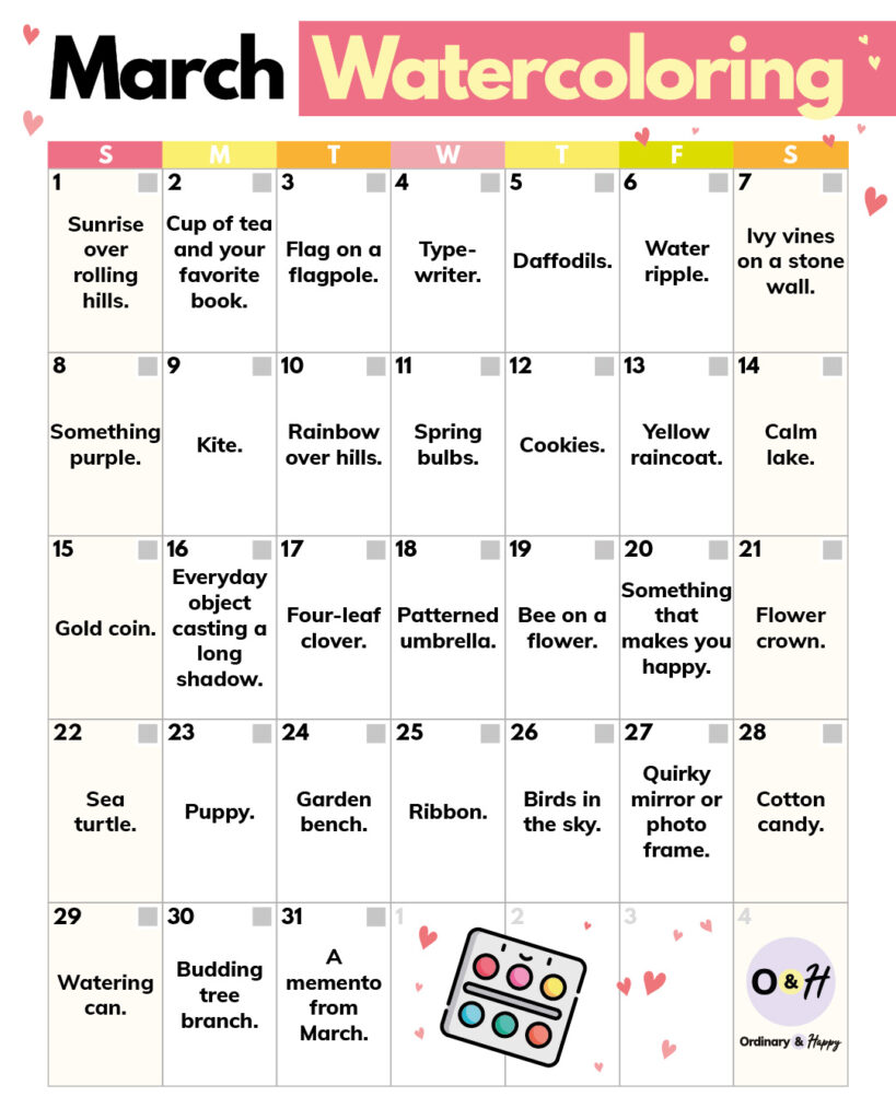 full set of march watercoloring ideas displayed in a 31-day 7x5 grid format with color-coded days of the week