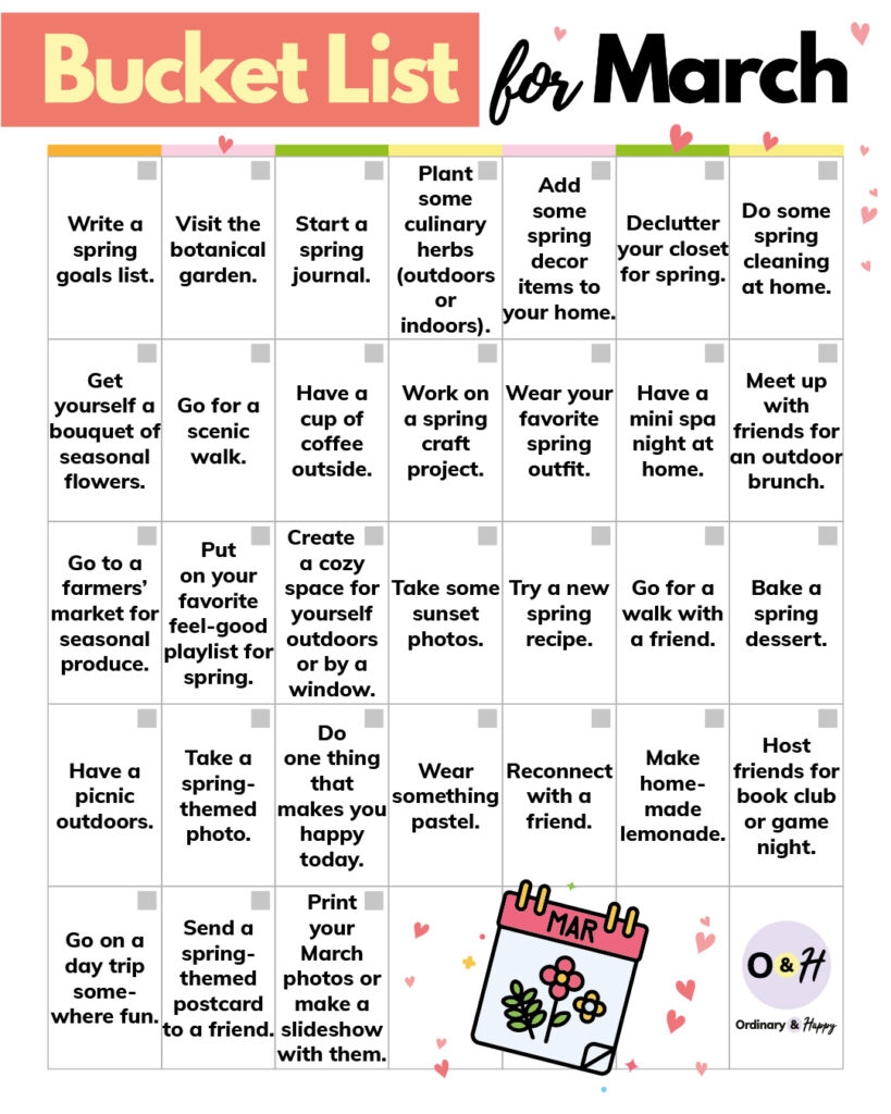 selection of 31 march bucket list ideas listed in a 7x5 grid format with checkboxes next to each idea