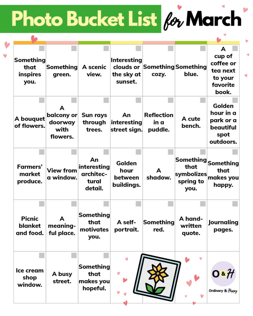 Photo bucket list for March in a calendar format.