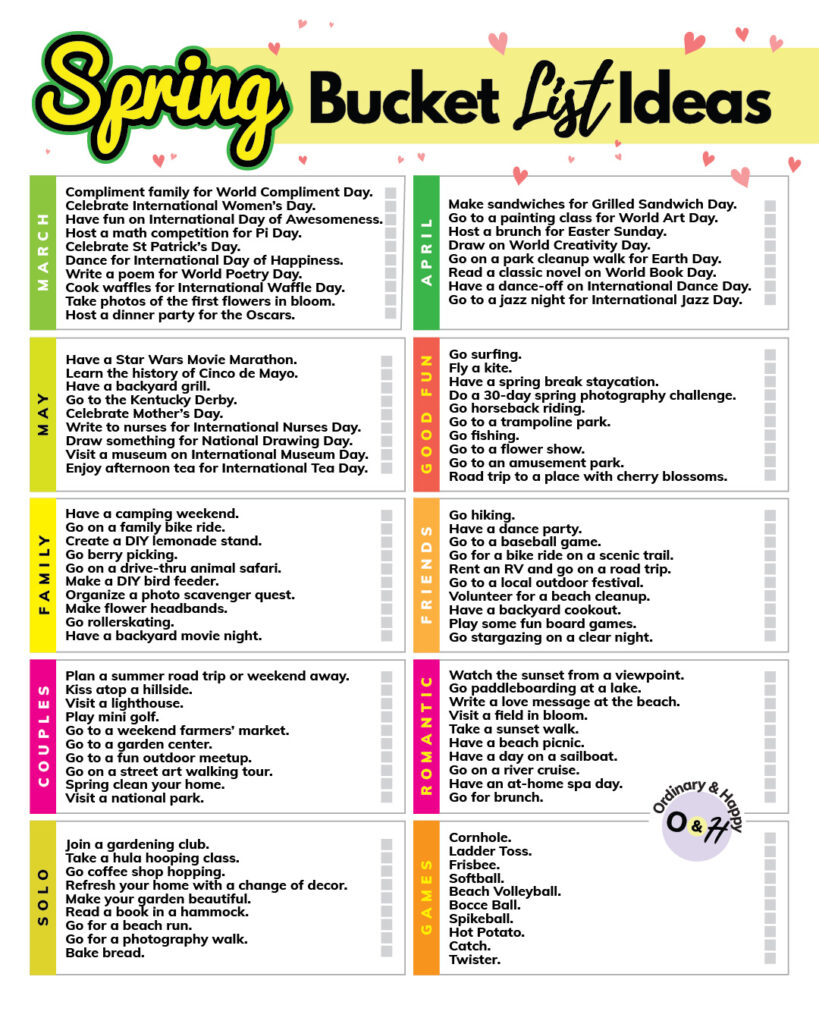 selection of over 90 ideas for spring, displayed in 10 different color coded sections in a 2x5 grid format with ideas for march, april, may, family, friends, fun, couples, and solo