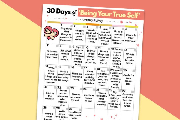 calendar listing 30 days of being true to yourself ideas in a 7x5 calendar grid format, laid out on a red and yellow diagonal block color background