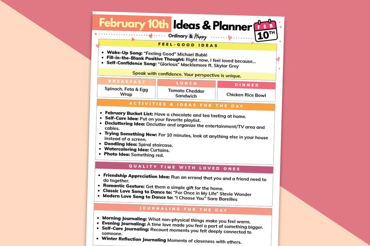 february 10th planner printable tilted to the right displayed on a block color red and peach backdrop