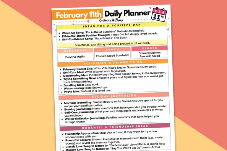 february 11th daily planner printable laid out on a diagonal block color red and orange backdrop