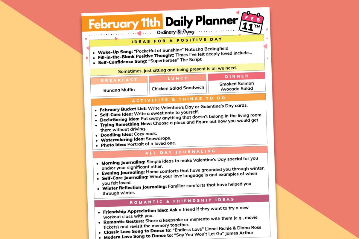 february 11th daily planner printable laid out on a diagonal block color red and orange backdrop