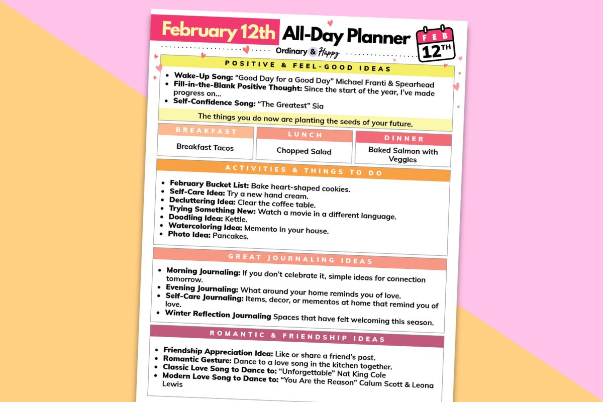 february 12th daily planner displayed on an orange and pink background
