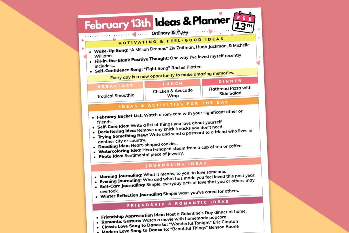 february 13th daily planner printable on a red and orange background
