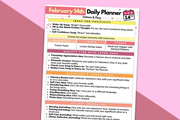 february 14th daily planner printable titled to the right displayed on a crimson and red backdrop