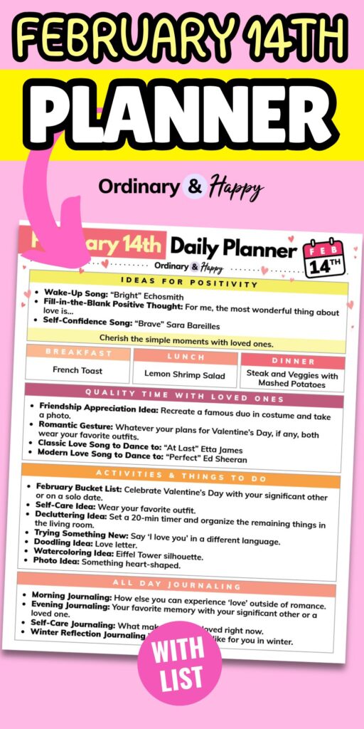 february 14th daily planner displayed on a pink background with a pink arrow pointing to the printable