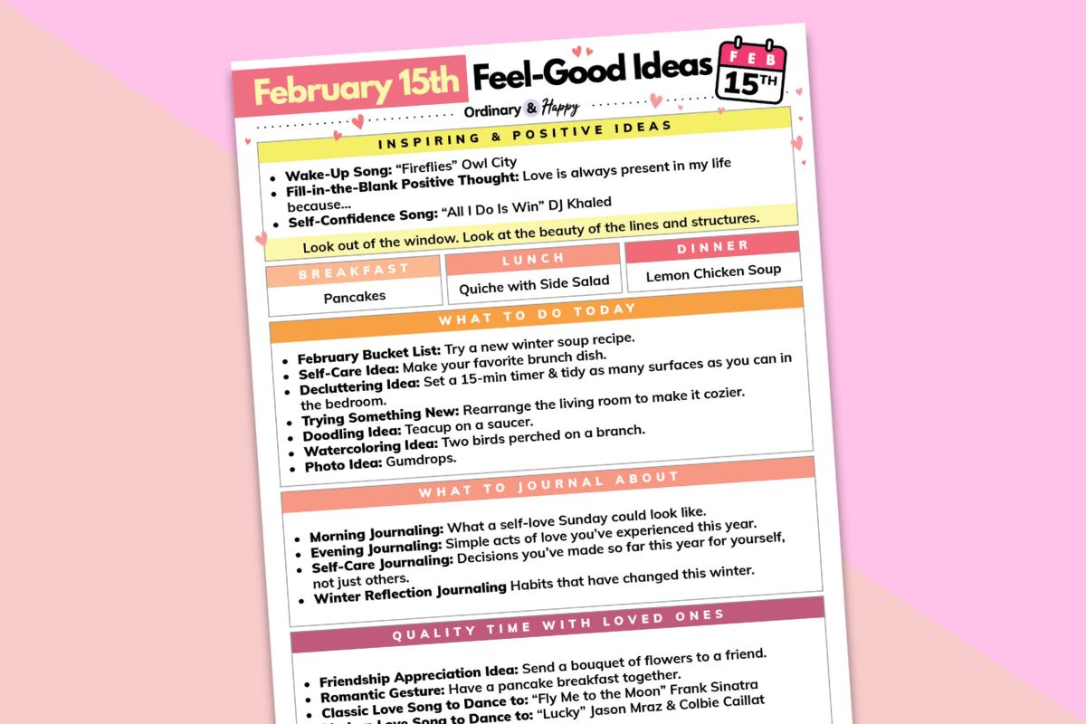 february 15th daily planner printable displayed titled to the left on a crimson and pink backdrop