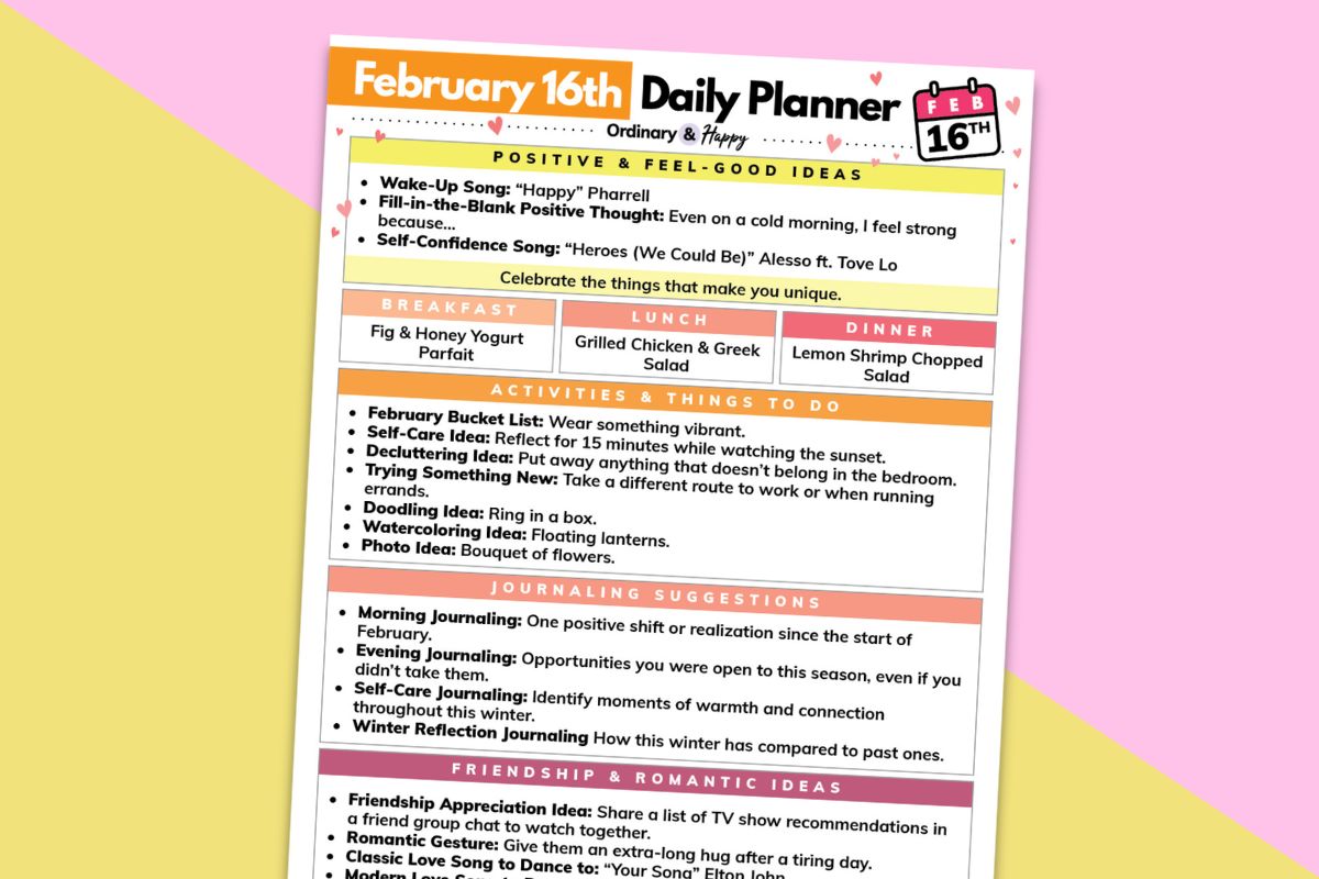 february 16th daily planner printable on a yellow and pink block color backdrop