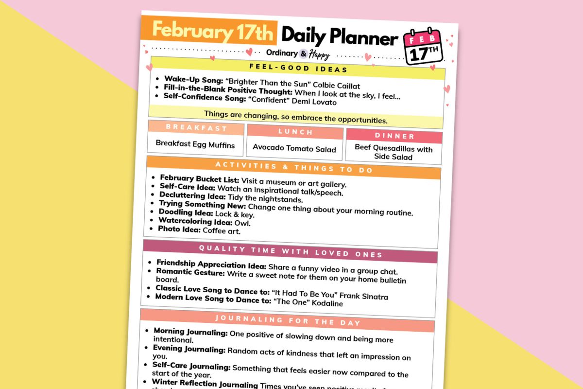february 17th daily planner printable displayed on a pink and yellow block color backdrop