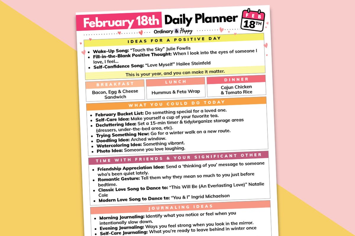 february 18th daily planner printable displayed tilted to the left on an orange and pink 2-color background